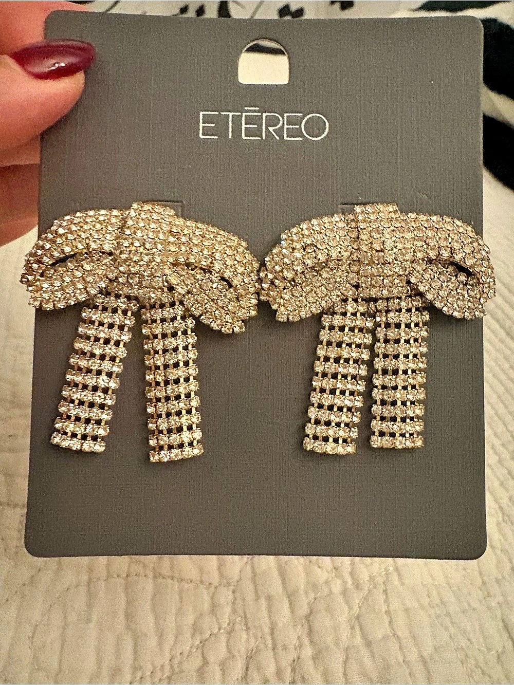 Etēreo Gold Rhinestone Bow Statement Earrings – Crystal Knot Fringe Studs NWT